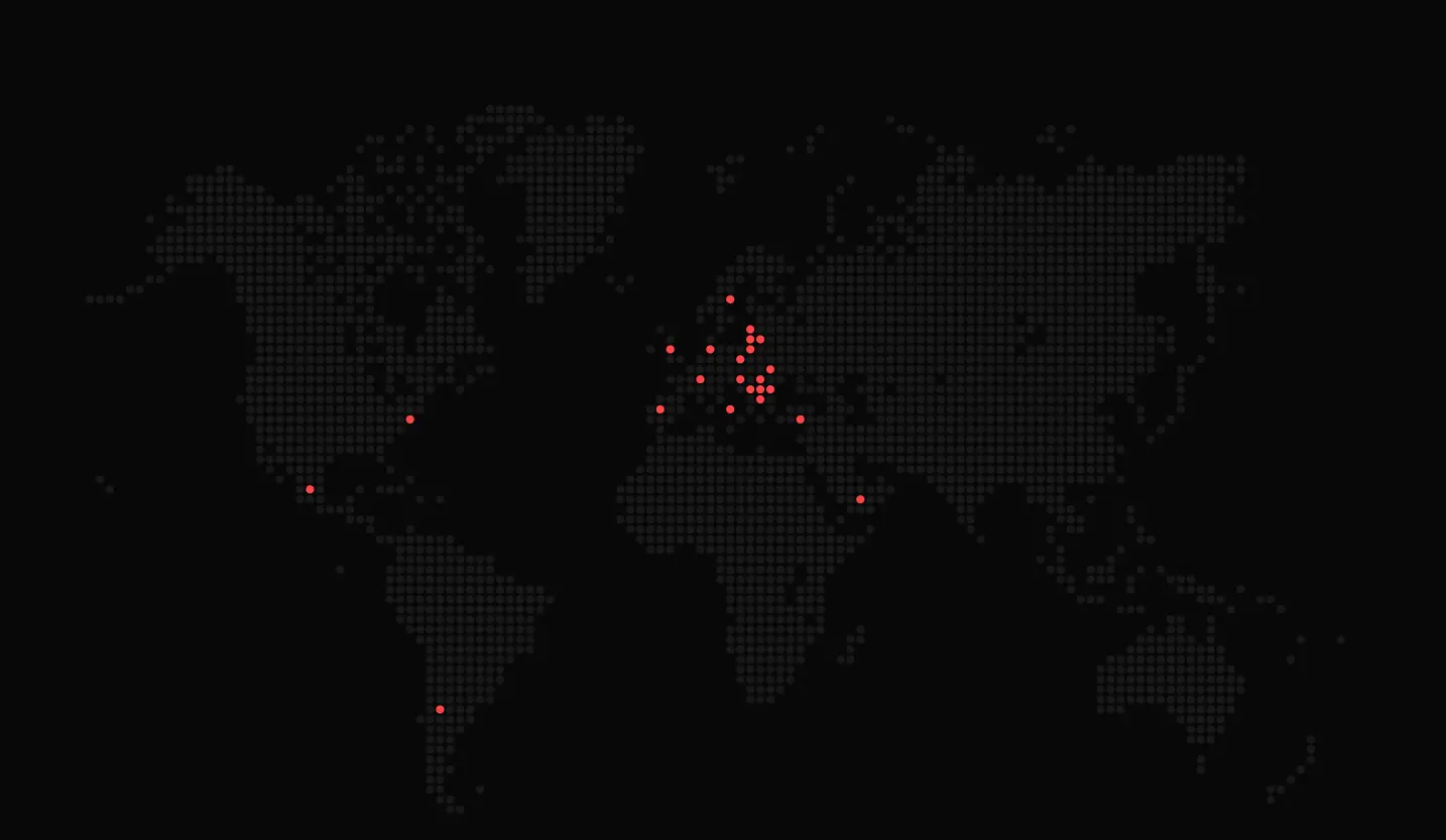 World map with red dots, likely indicating locations or data points. Focus is Europe and some spots elsewhere.