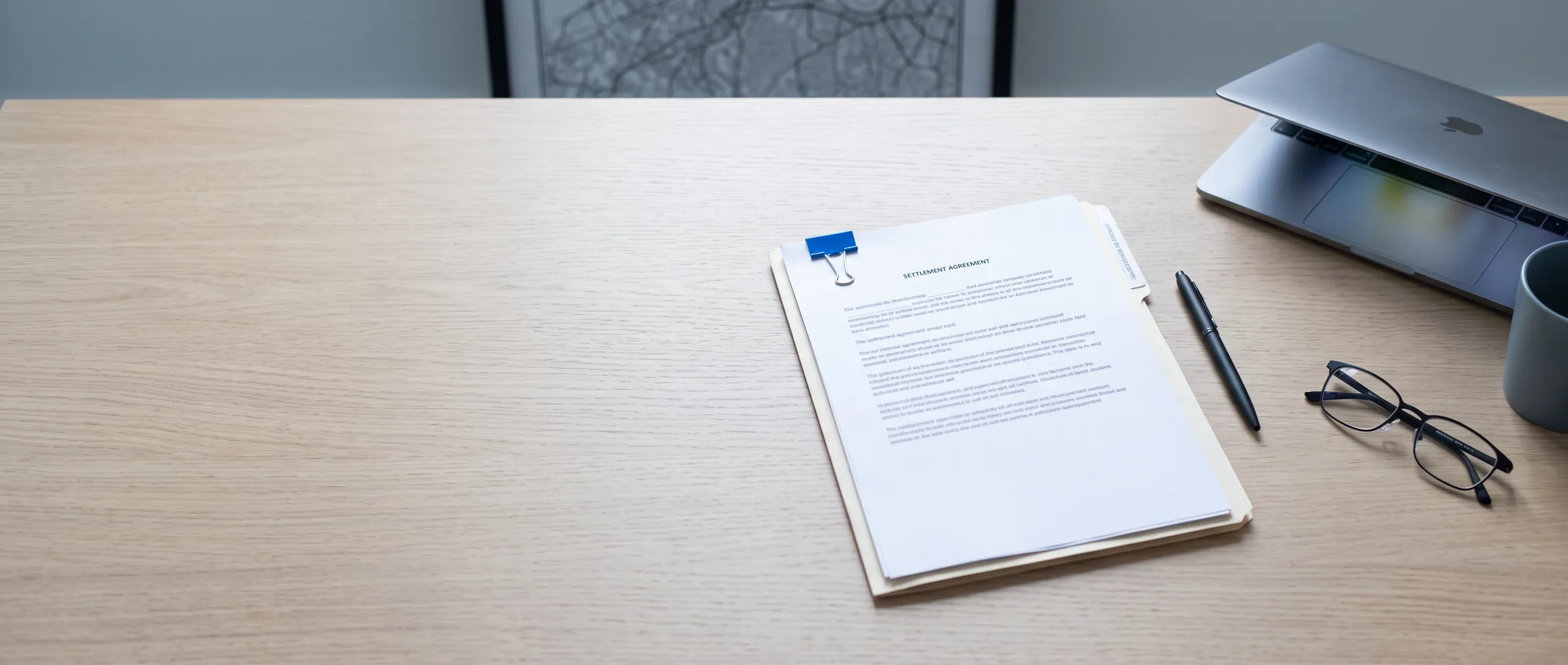A solicitor's desk from above: a fee agreement with a cobalt tab, a pen and reading glasses