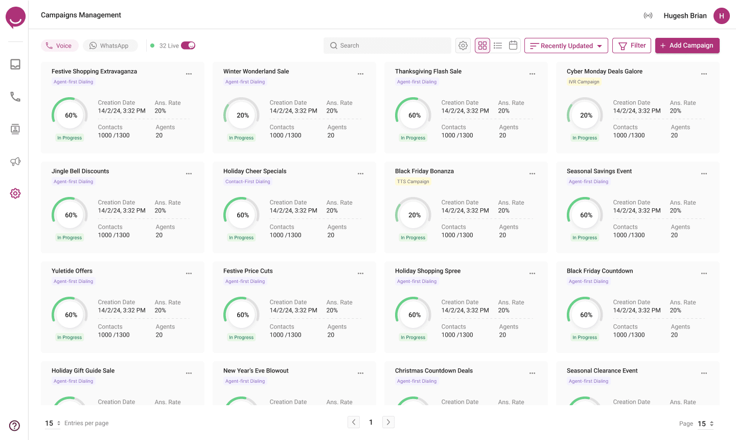 Live voice campaigns in card view