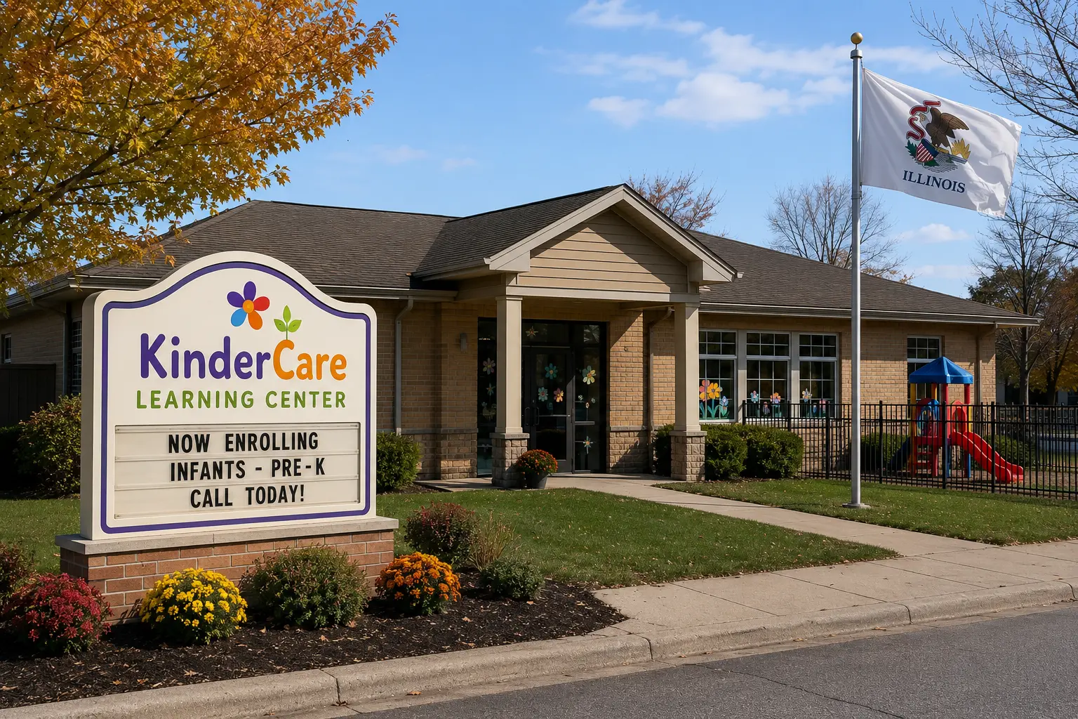 the outside of a preschool with an illinois state flag flying