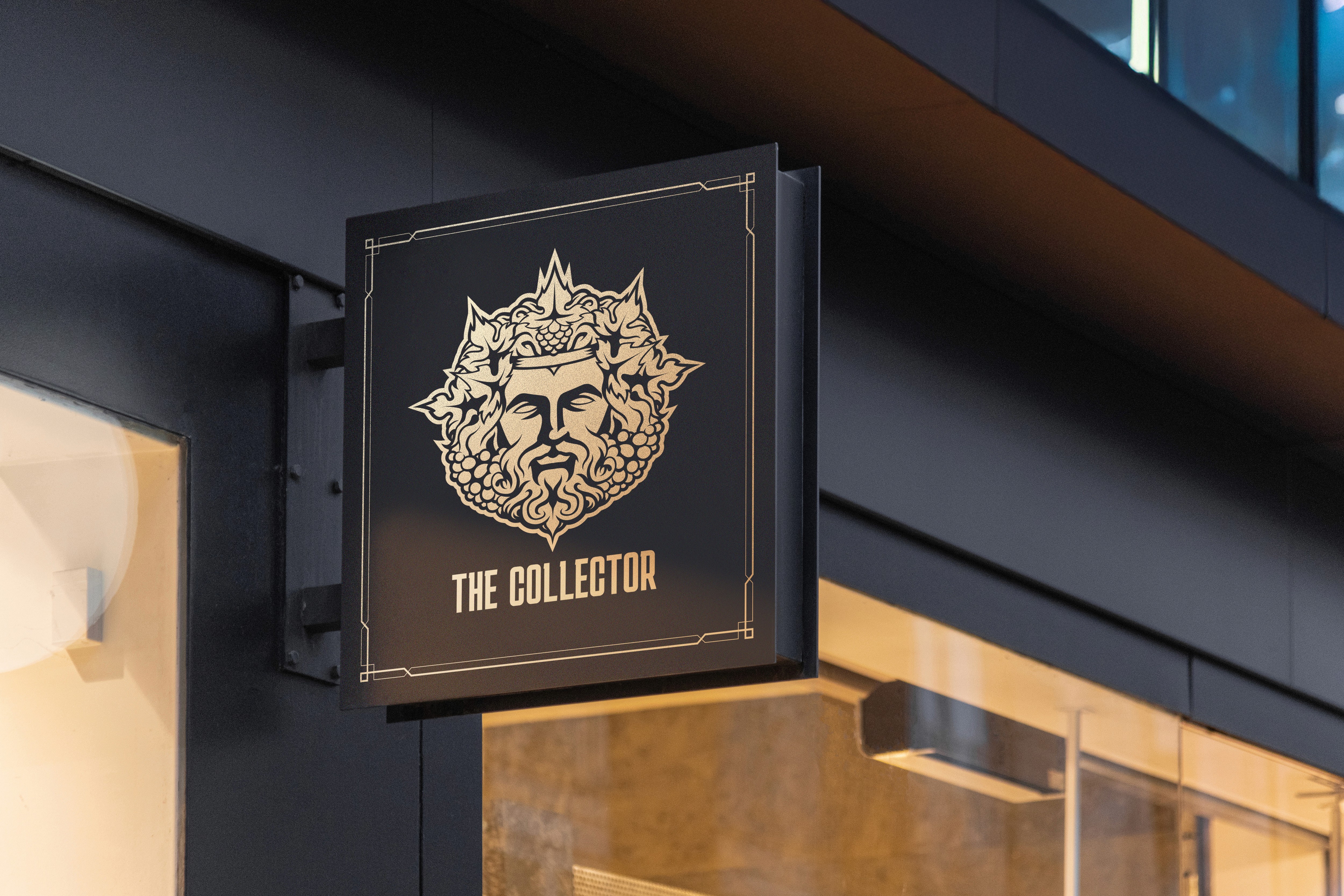 Luxury storefront sign featuring The Collector logo with elegant gold emblem branding on modern black exterior.