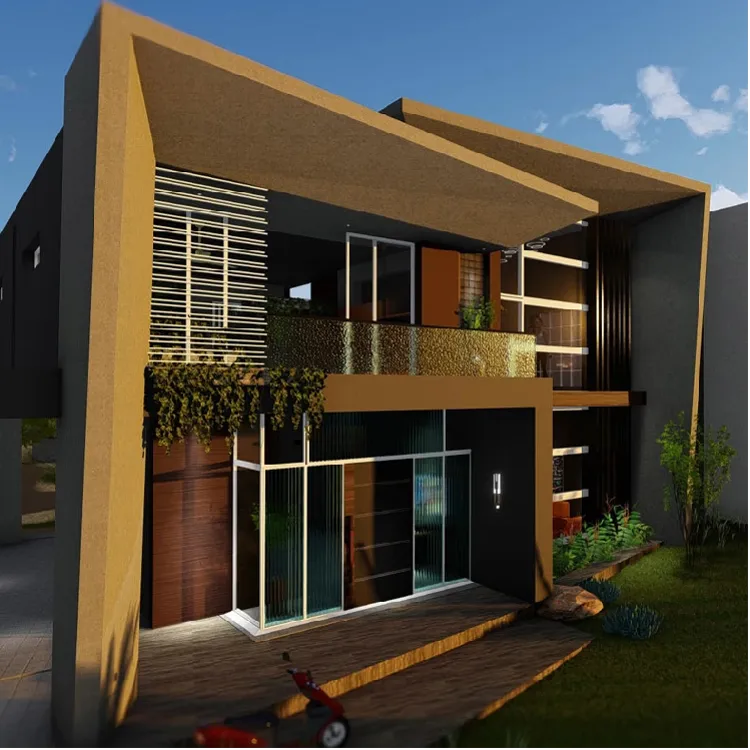 Multi-family modern condo community surrounding central pool and gardens.