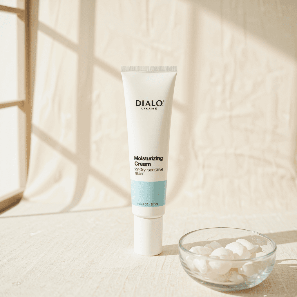 product photography of a tube of moisturizing cream for dry and sensitive skin
