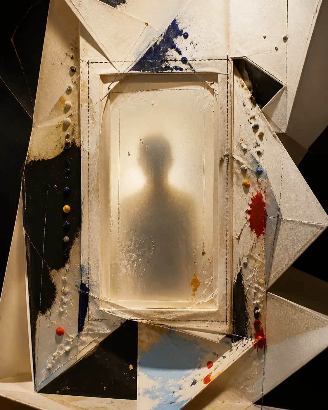 Noncanonical abstract character-art placeholder for Lorenzo Vivas, formed from layered pigment and canvas behind an obscured pane.