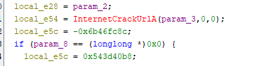 Ein Codesegment mit Variablenzuweisungen in einer Programmiersprache. Es enthält Funktionsaufrufe und eine bedingte Anweisung, die prüft, ob 'param_8' einer bestimmten Speicheradresse entspricht.