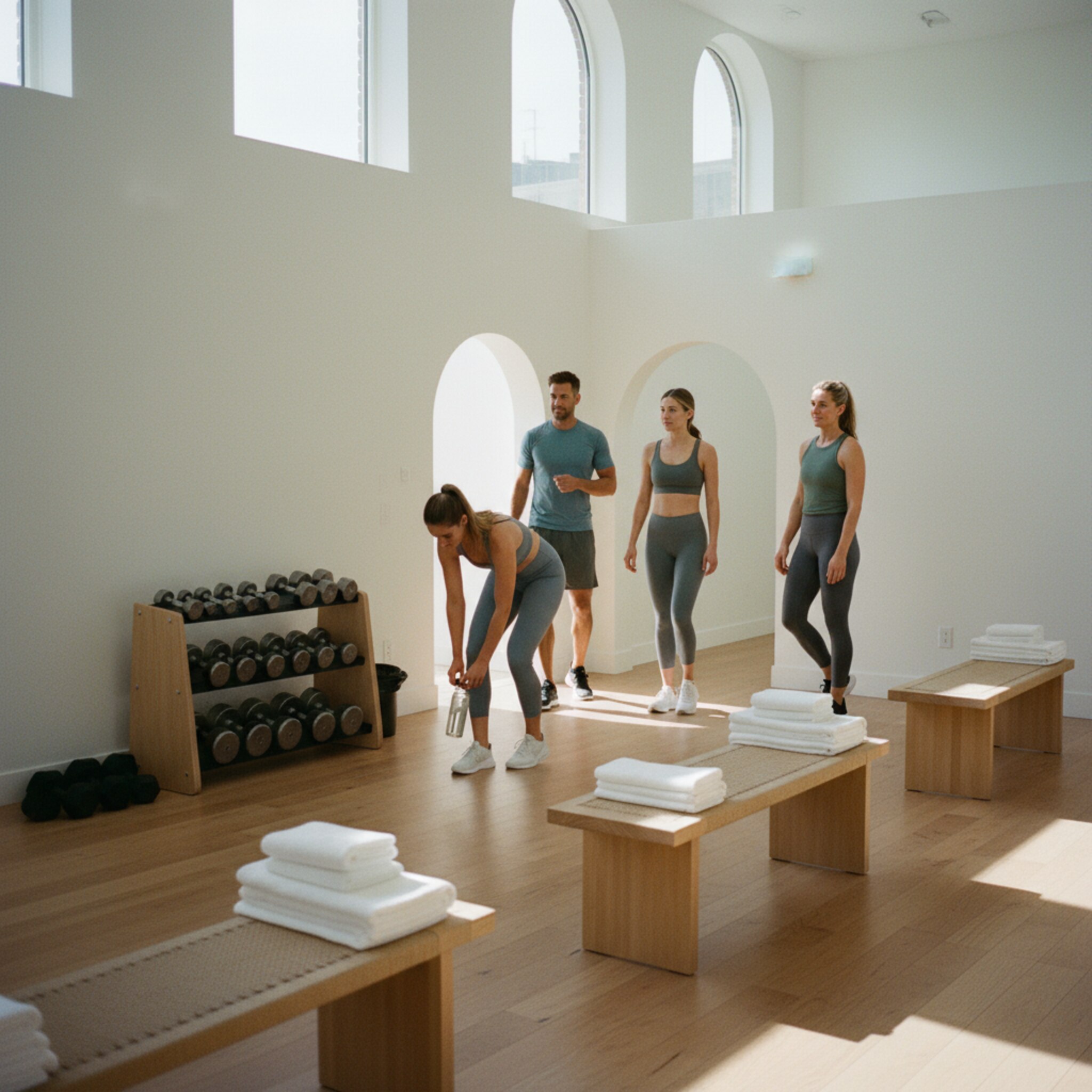 Ein abgetrennter Raum im Studio ist für eine kleine Fortgeschrittenen-Gruppe vorbereitet. Handtücher liegen gefaltet auf Bänken, Hanteln sind nach Gewicht sortiert. Eine Trainerin begrüßt die Gruppe, die sich ruhig einsammelt. Die Atmosphäre vermittelt Verbindlichkeit und Exklusivität.