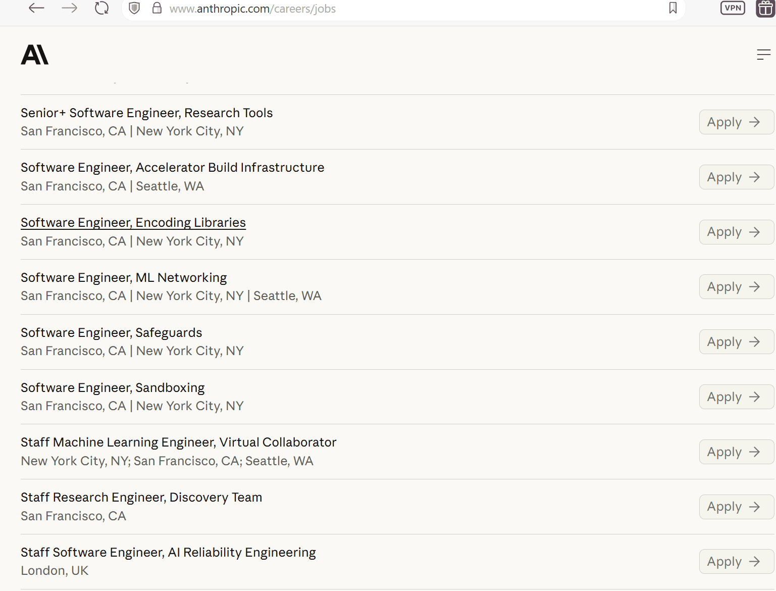 shows 10 open software engineer positions at Anthropic