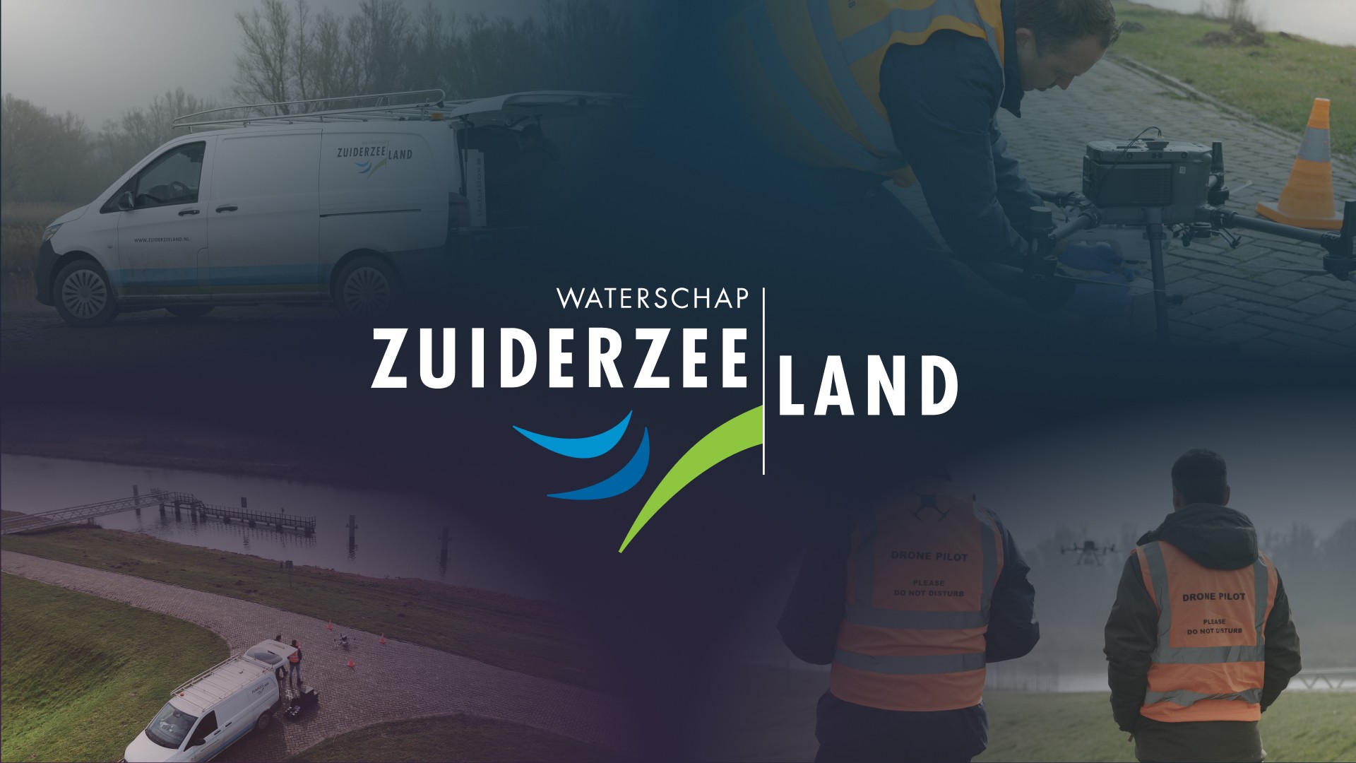 Waterschap Zuiderzeeland logo overlaid on a collage of field operations, including drone equipment preparation and crew members in high-visibility vests