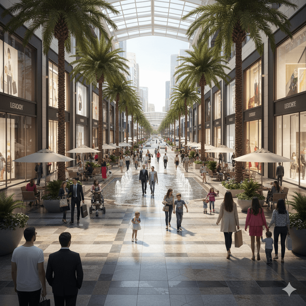 Vibrant pedestrian shopping boulevard with palm trees and luxury retail storefronts