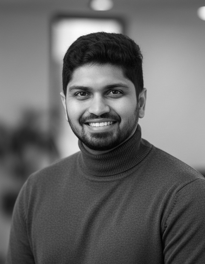 A thoughtful young person with dark hair gazes to the side, captured in soft black and white lighting.