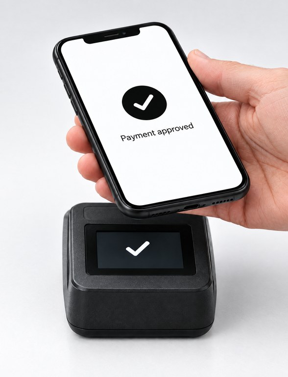 A hand holding a phone showing “Payment approved” over a card reader.
