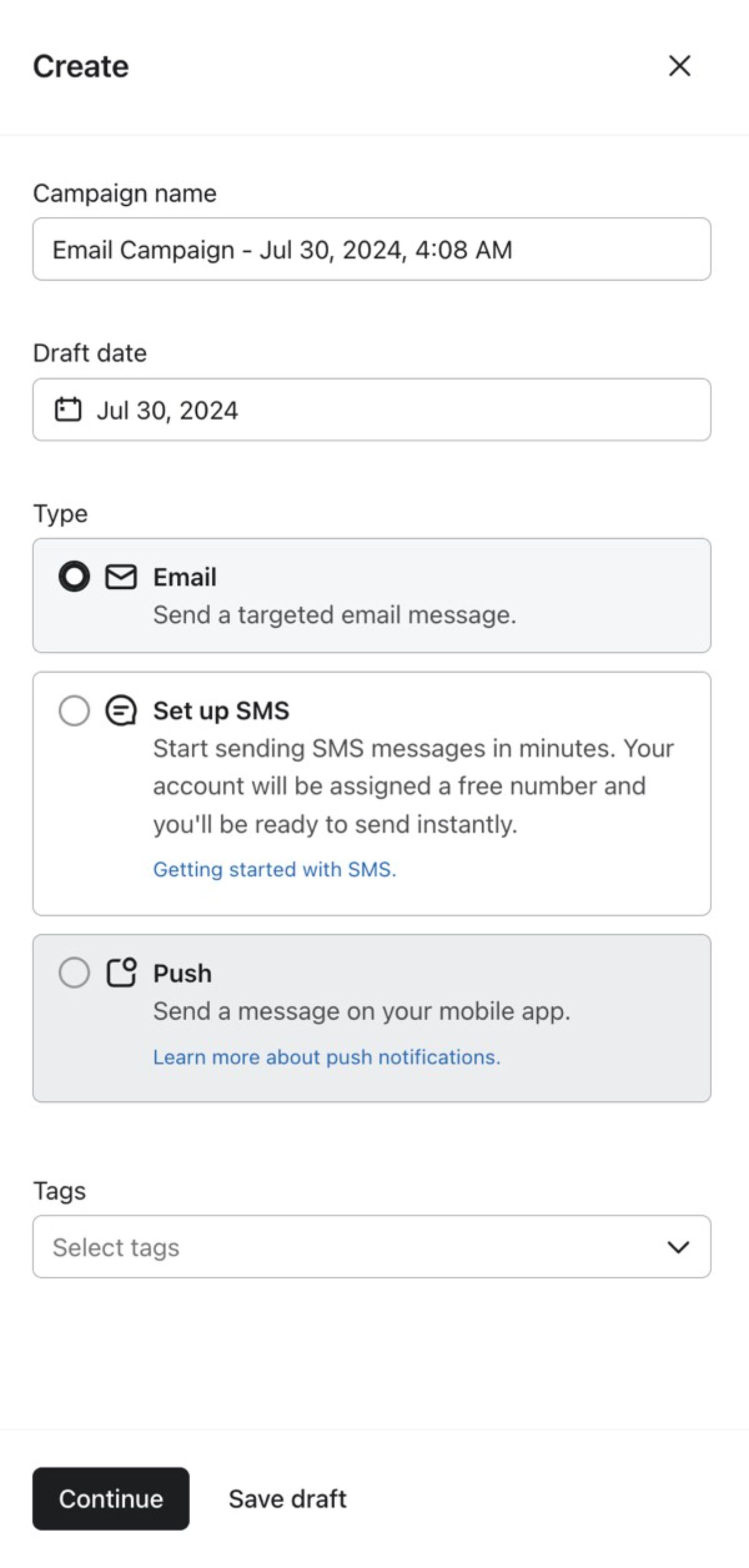 Create a New Campaign.jpg: "Campaign creation screen in Klaviyo, offering email, SMS, and push notification options for targeted messaging."