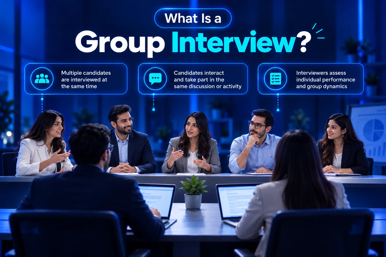 Group interview with multiple candidates and interviewers evaluating group dynamics.