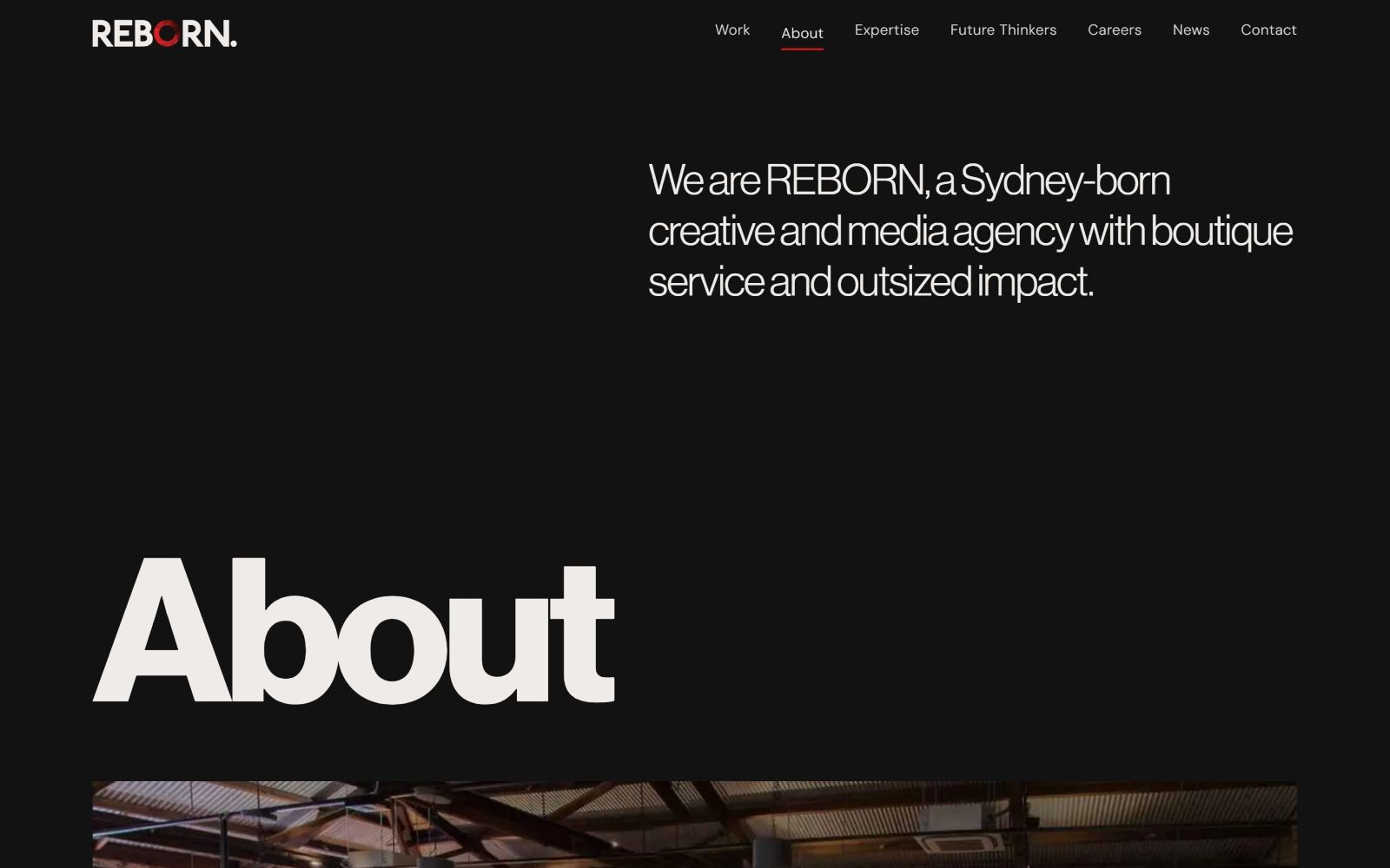 Black background with bold white text "About". Header reads "REBORN". Text: "We are REBORN, a Sydney-born creative and media agency...