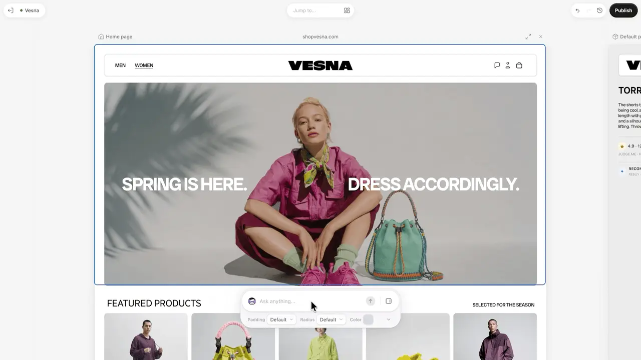 Sidekick in Shopify Canvas vraagt welke ontwerprichting de hero van de demostore Vesna moet krijgen