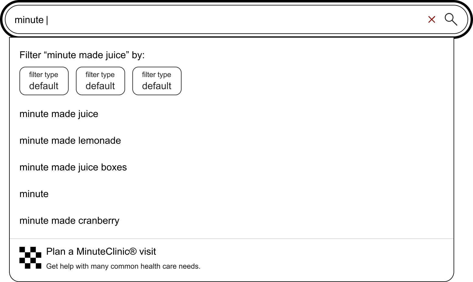 a low fidelity wireframe showing search suggestions for cough