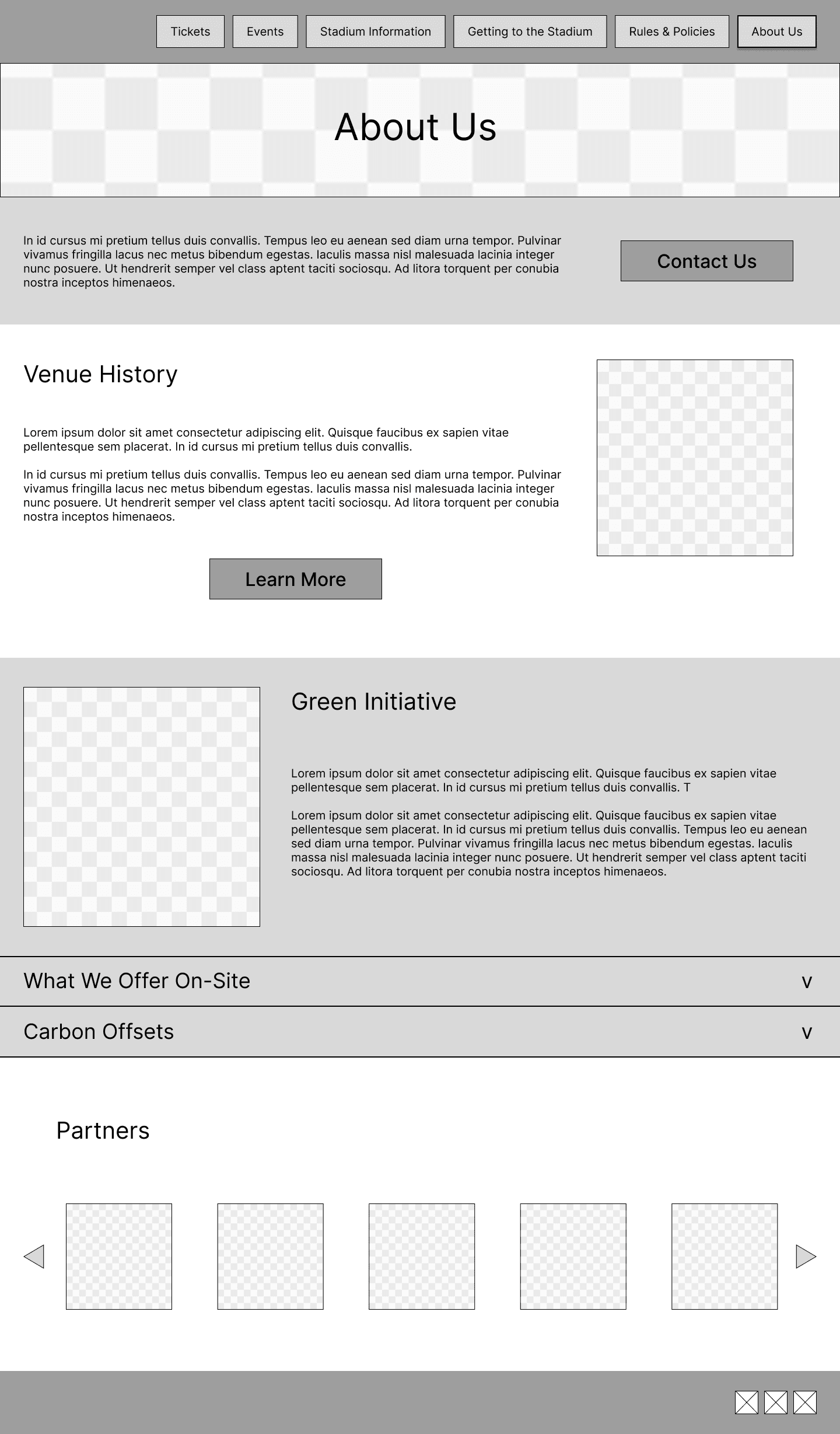 Low-fidelity wireframe of About Us page showing Venue History, Green Initiative sections, dropdown accordions, and Partners carousel