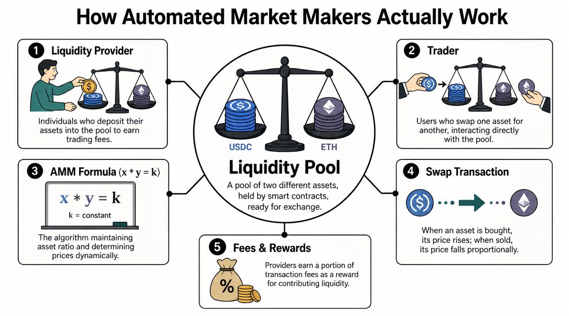 An infographic illustrating how automated market makers work with liquidity pools, traders, formulas, and transaction fees.