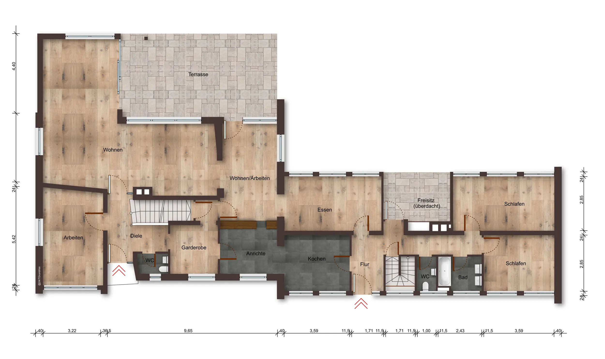 Grundriss Erdgeschoss eines Einfamilienhauses mit Einliegerwohnung in Bad Bentheim, Wohnen, Essen, Küche und Terrasse.