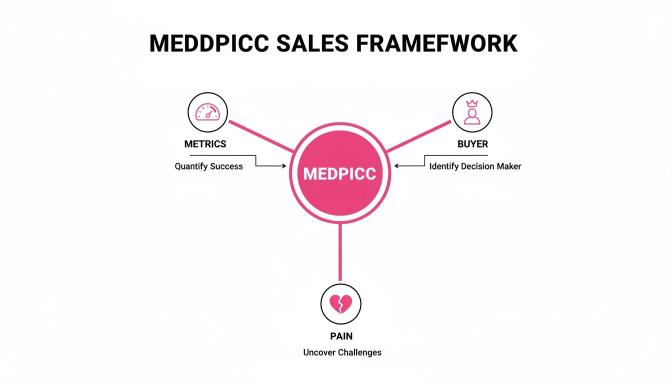A diagram illustrating the MEDDPDPICC sales framework, detailing Metrics, Buyer, and Pain components.