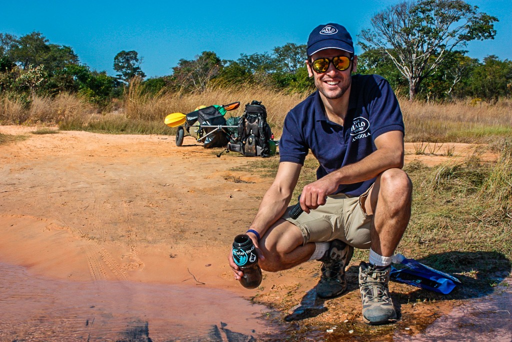 Oscar in HALO Trust gear during the Kayak The Kwanza expedition