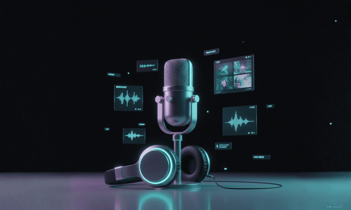 Futuristic 3D illustration of a podcast microphone and headphones surrounded by floating digital waveforms and video previews, representing modern AI-powered podcast and interview editing workflows.