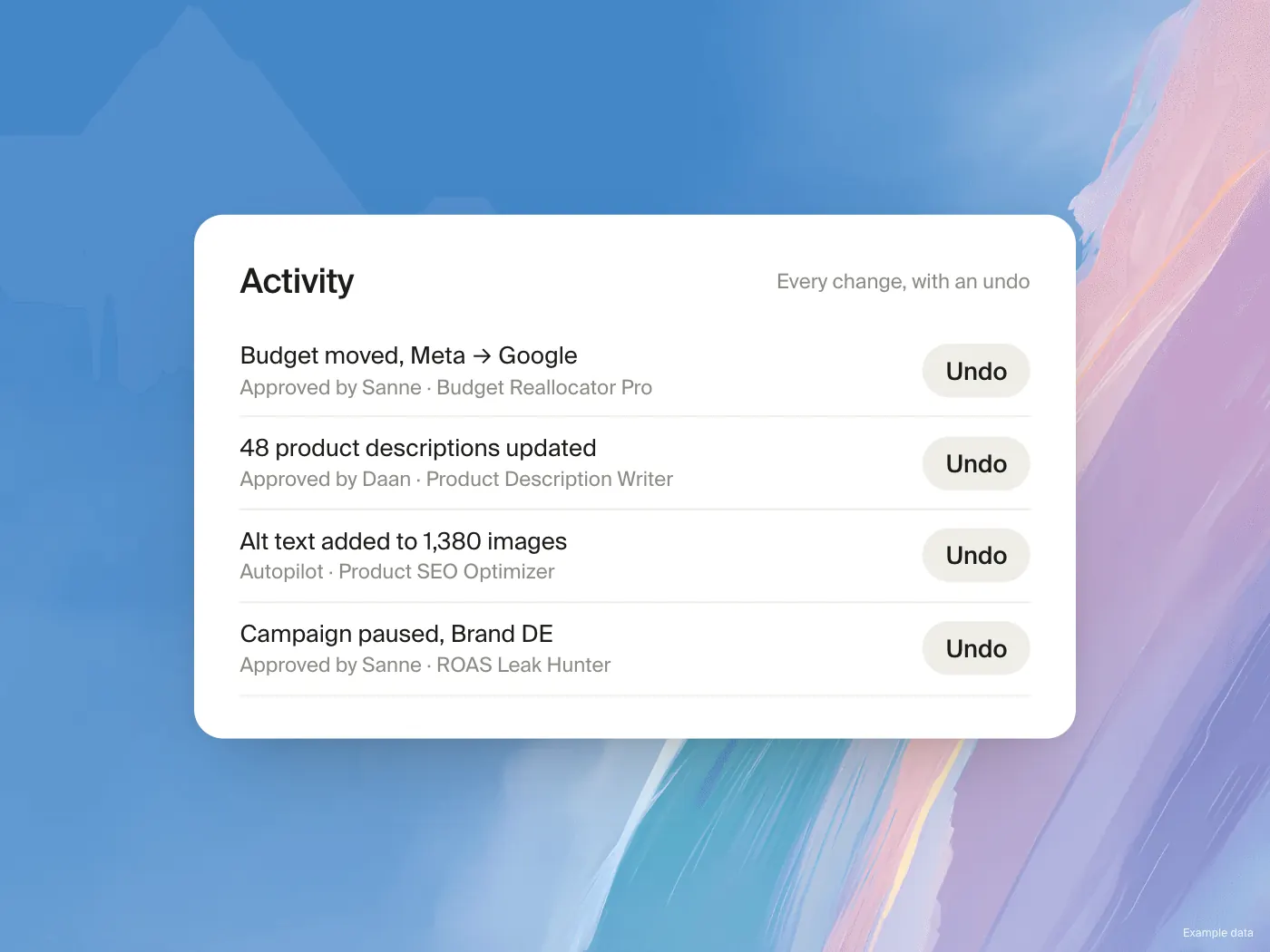 Activity log in Commerce365 with changes and undo