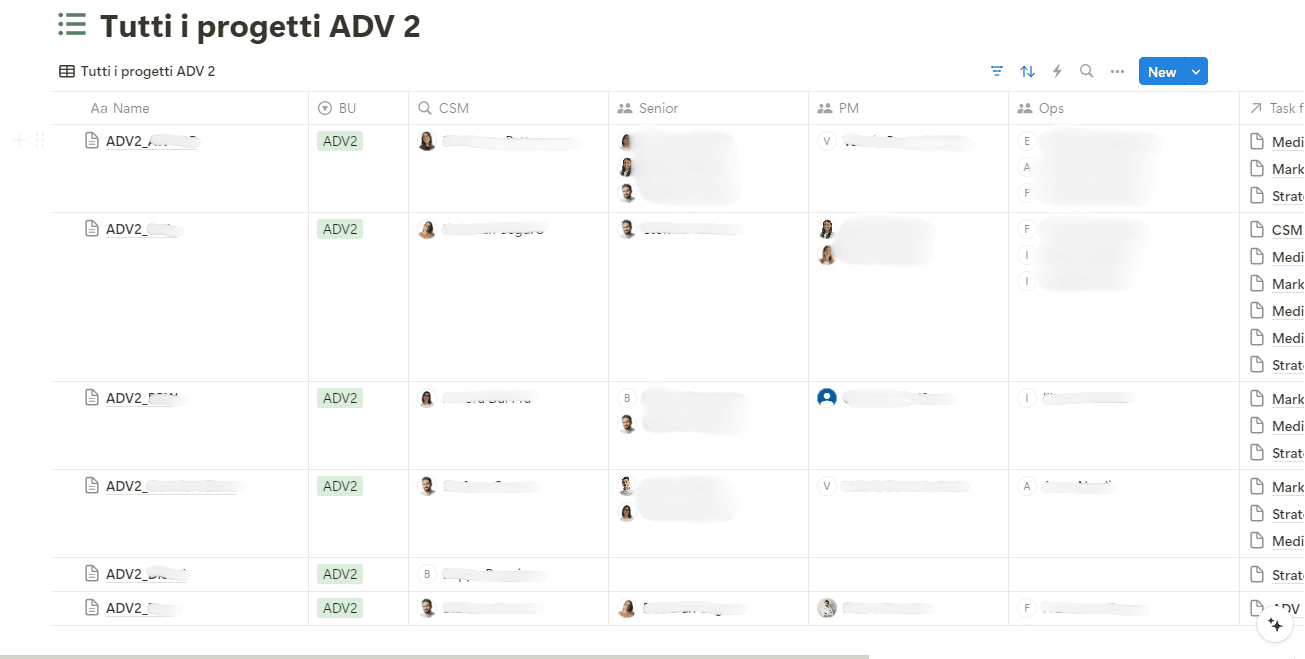 Vista di tutti i progetti della BU