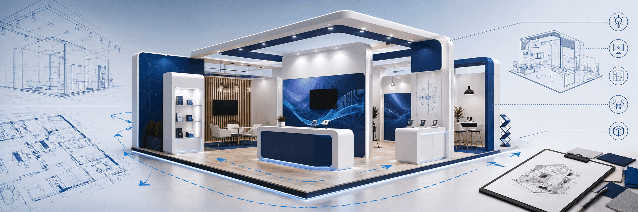Trade show booth design mockup showing layout planning, branded graphics, demo counter, meeting area, lighting, storage, visitor flow, and exhibit design planning