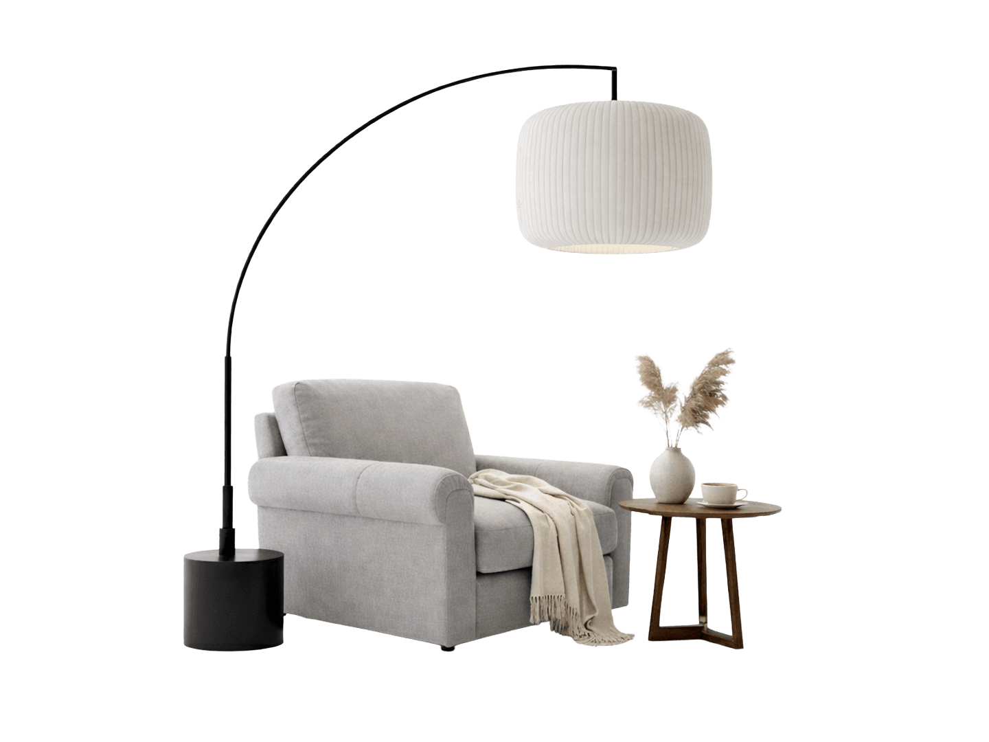A studio-style product image against a solid black background. It features the black arched floor lamp positioned over a light grey armchair and a small wooden side table.