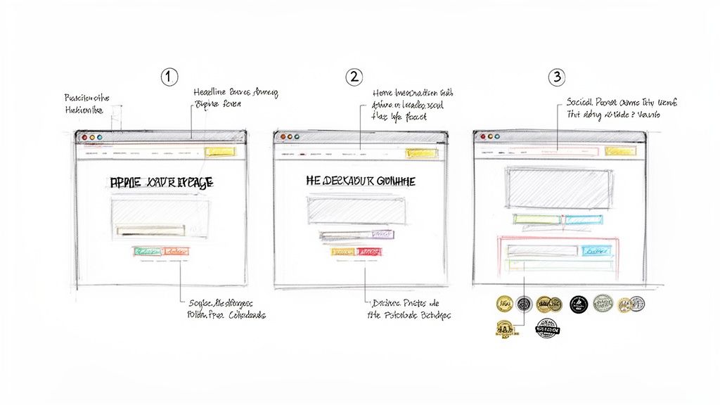 Three hand-drawn website wireframe sketches illustrating different webpage layouts and design concepts with annotations.