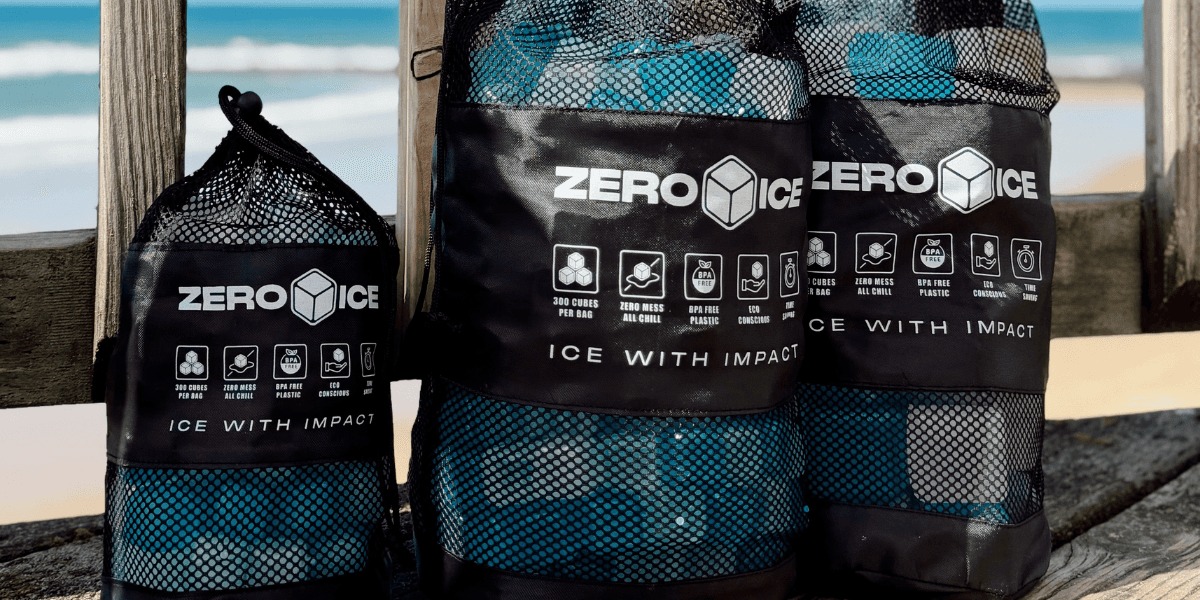 Zero Ice reusable ice cubes in mesh bags, offering an eco-friendly, sustainable alternative to traditional ice for outdoor activities.