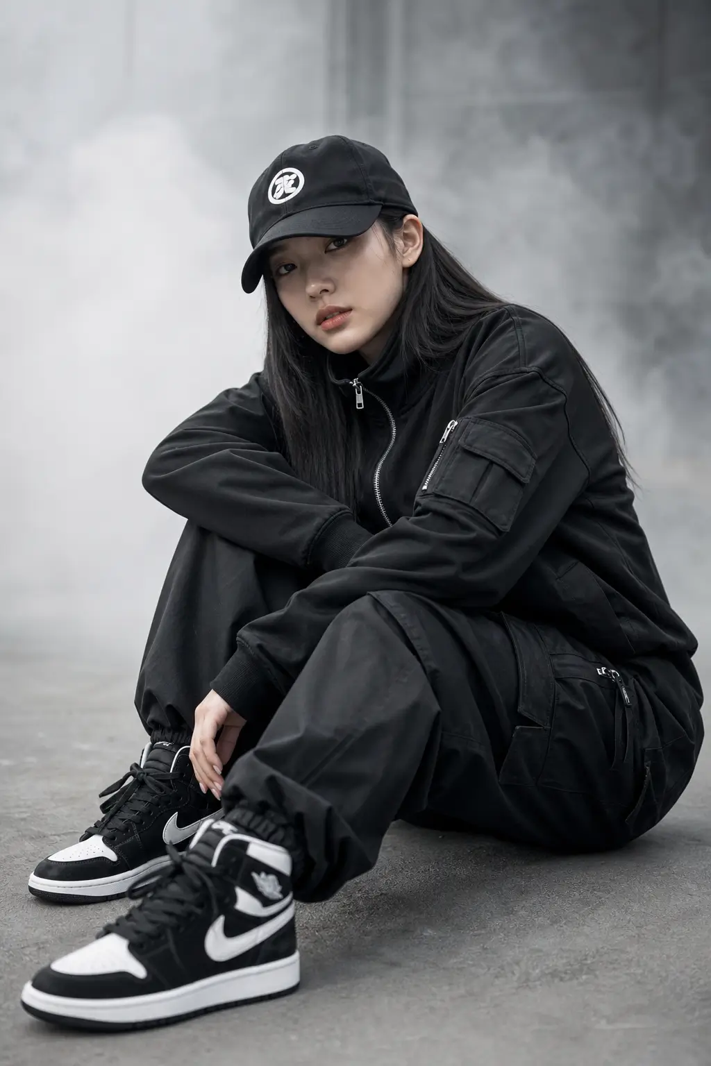 AI-generated streetwear fashion portrait of a woman posing against a minimalist urban concrete backdrop.