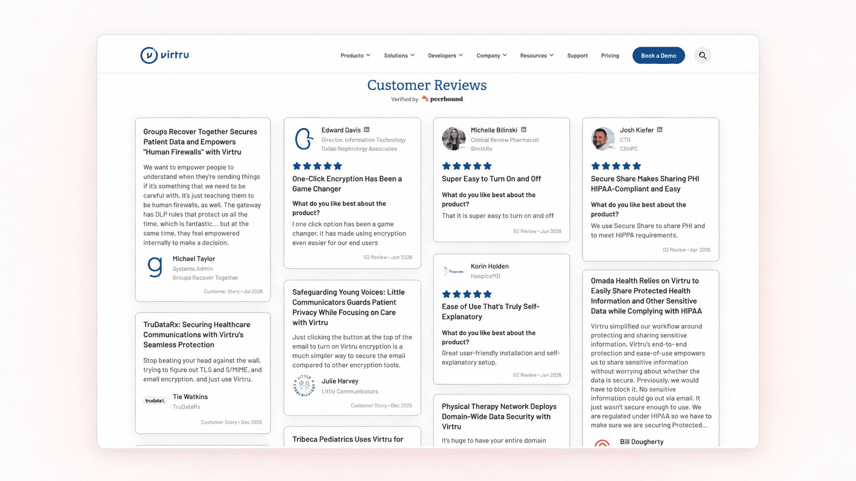Virtue's website page featuring customer Moments collected by Peerbound