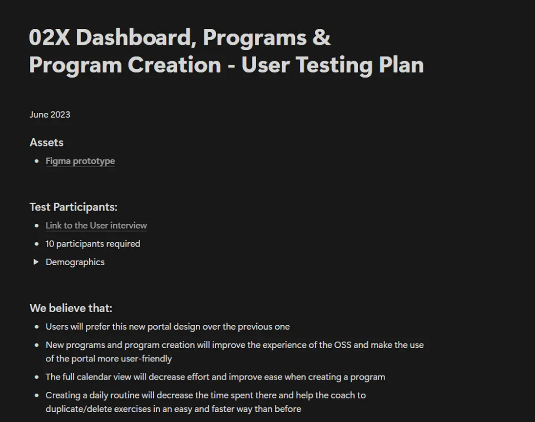 O2X testing plan and information in Notion screen