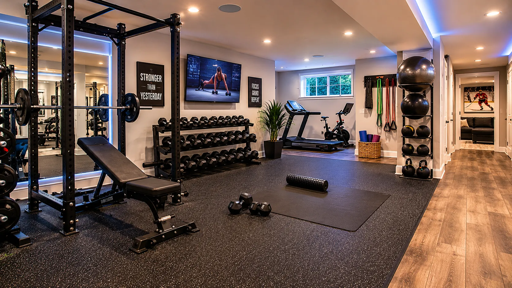 Luxury home gym basement with full strength training setup including squat rack, comprehensive dumbbell collection, cardio machines, exercise balls, mirrors, and blue accent lighting throughout.