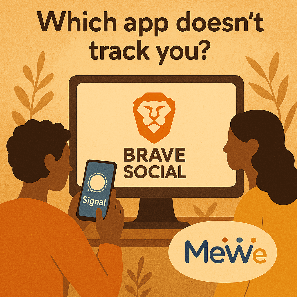 Comparison graphic of privacy-focused social apps Signal, MeWe, and Brave in 2025, highlighting their no-tracking policies with a secure, minimalist design.
