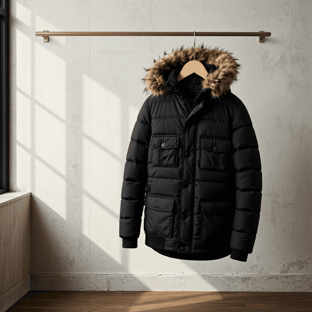 product photography of a black puffer jacket with a fur-lined hood