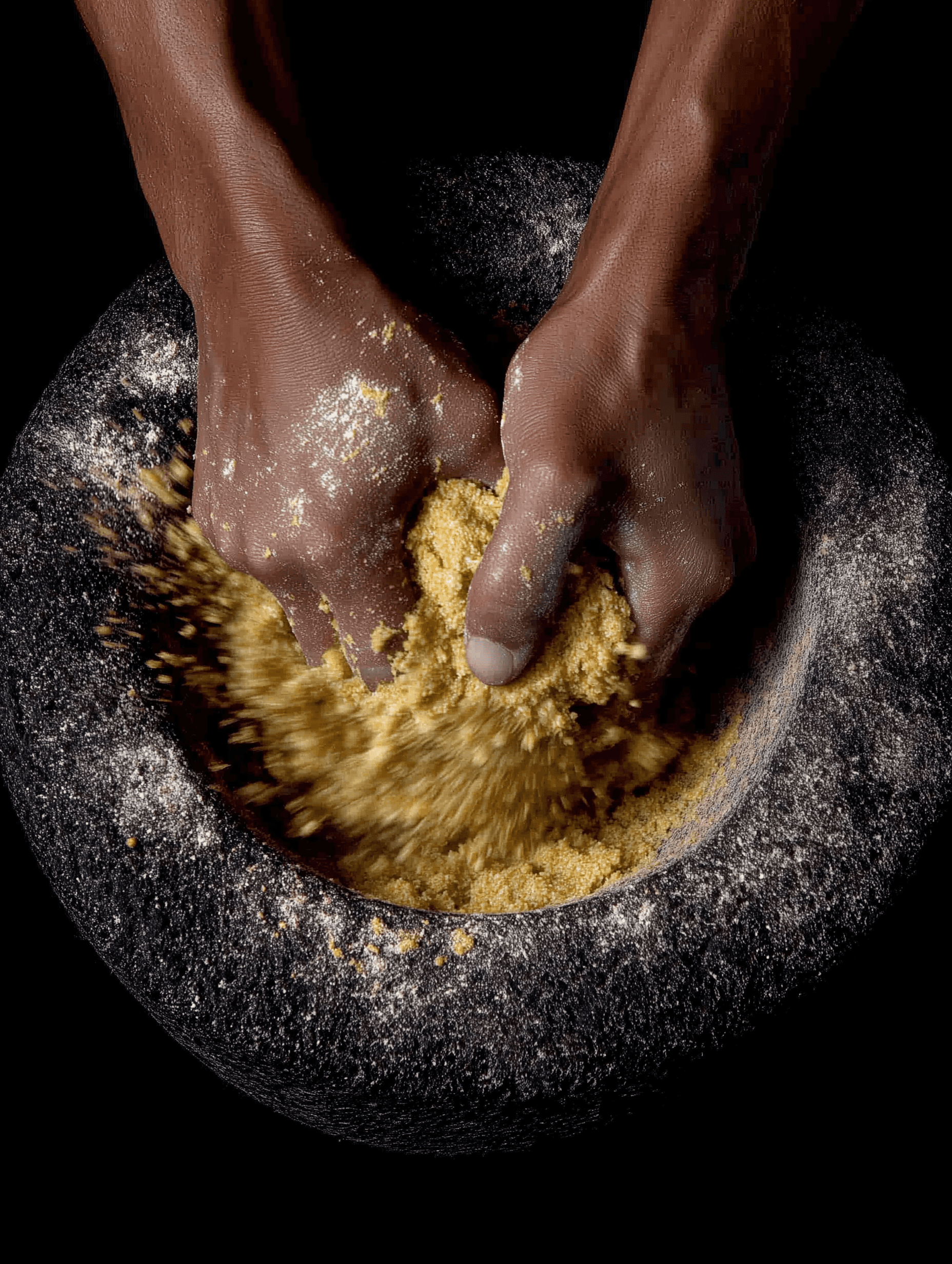Hands mixing yellow powder in a dark stone mortar.