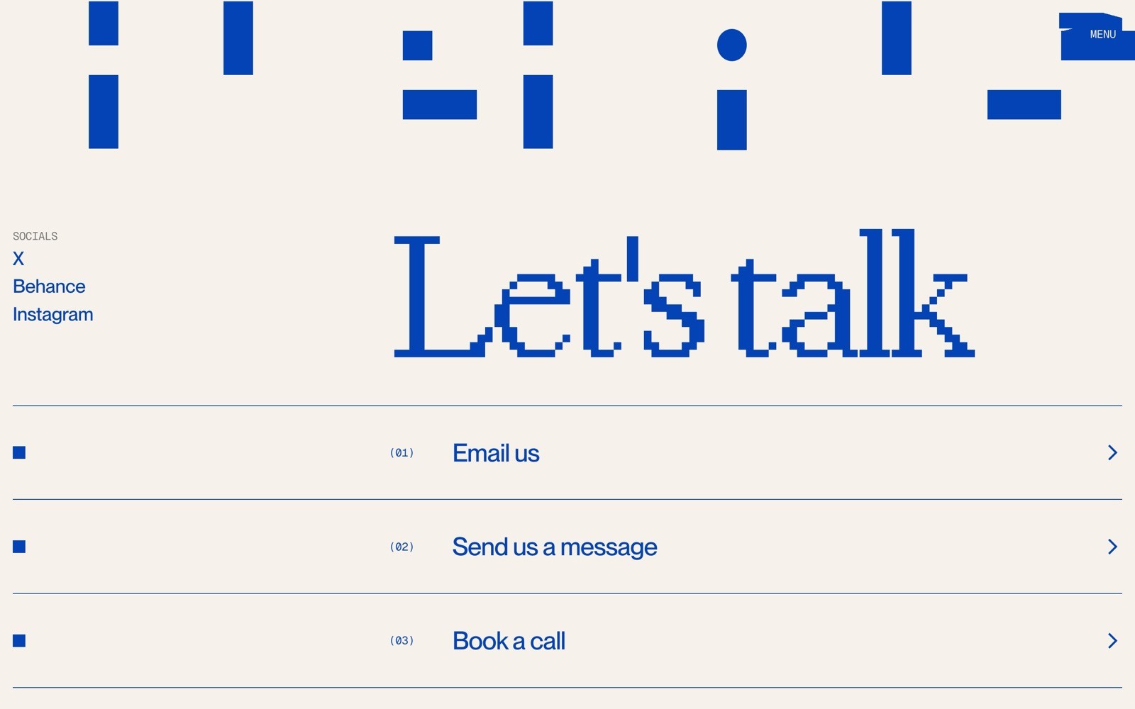 Blue pixelated text reads "Let's talk" above contact options: "Email us," "Send us a message," "Book a call.