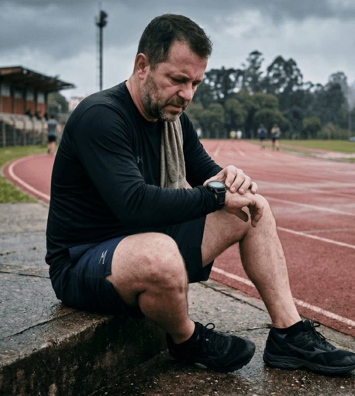 Corredor cansado após treino sem estrutura, representando o impacto do treino aleatório na evolução.