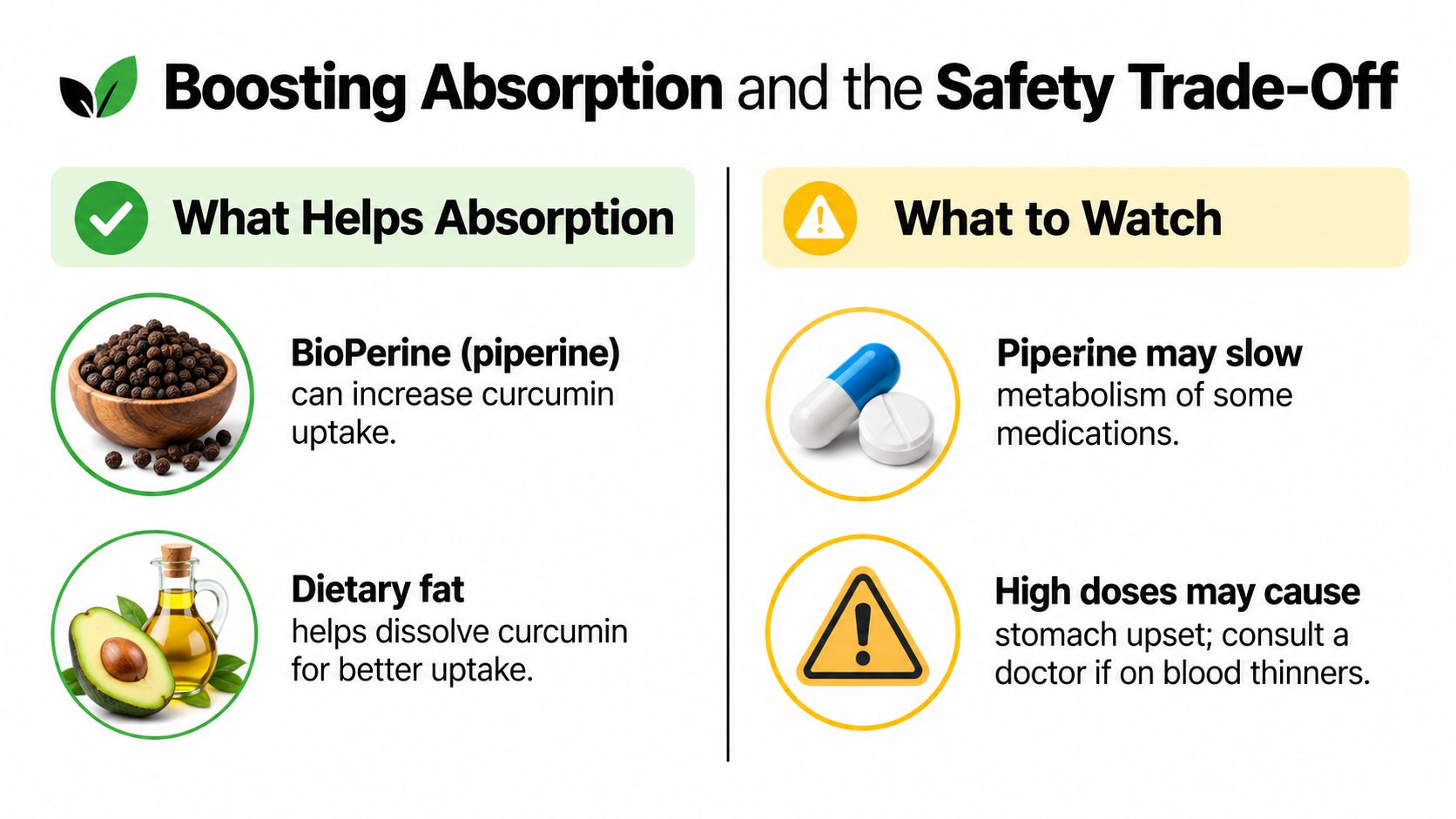 An infographic titled Boosting Absorption and the Safety Trade-Off, explaining how to improve turmeric uptake.