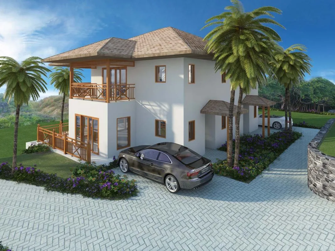 3D rendering of two-story hillside villa with wood balcony and thatched carport in Fiji Beach Grenadines