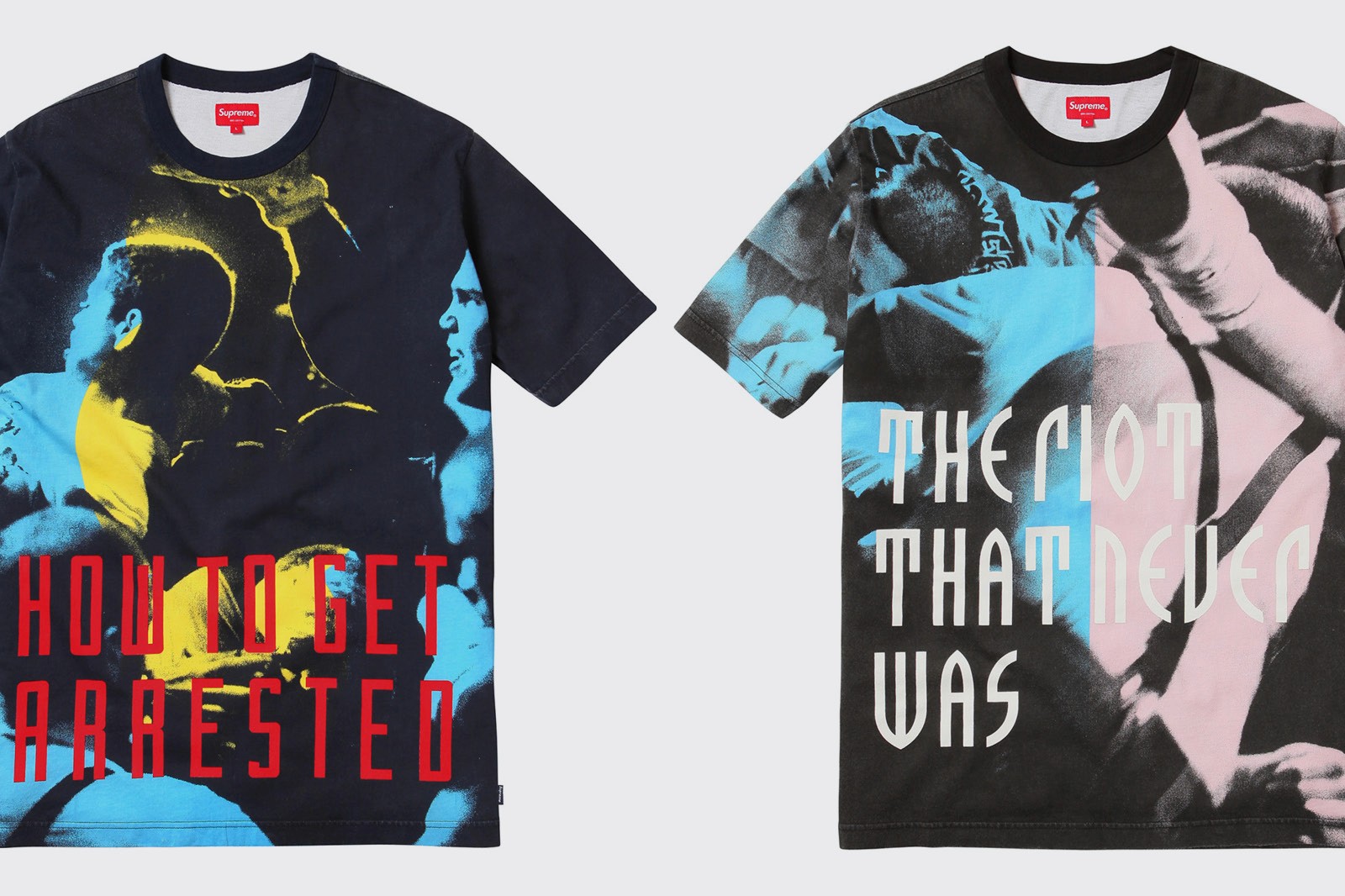 Two graphic t-shirts displayed side by side, featuring vibrant colors and bold designs.