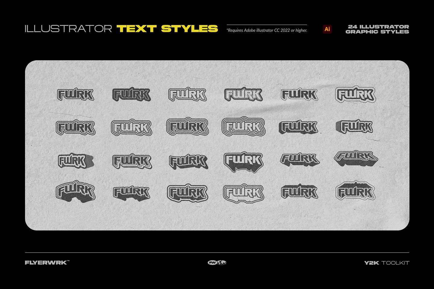 Y2K Toolkit Illustrator text styles preview showing multiple futuristic Y2K logo effects