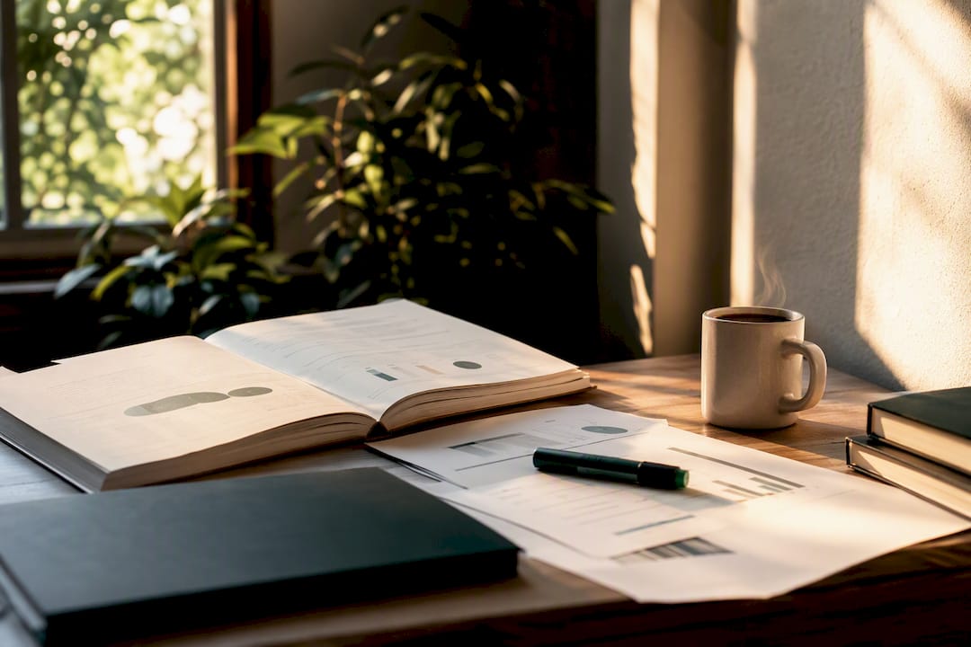 Workspace with research reports and coffee cup