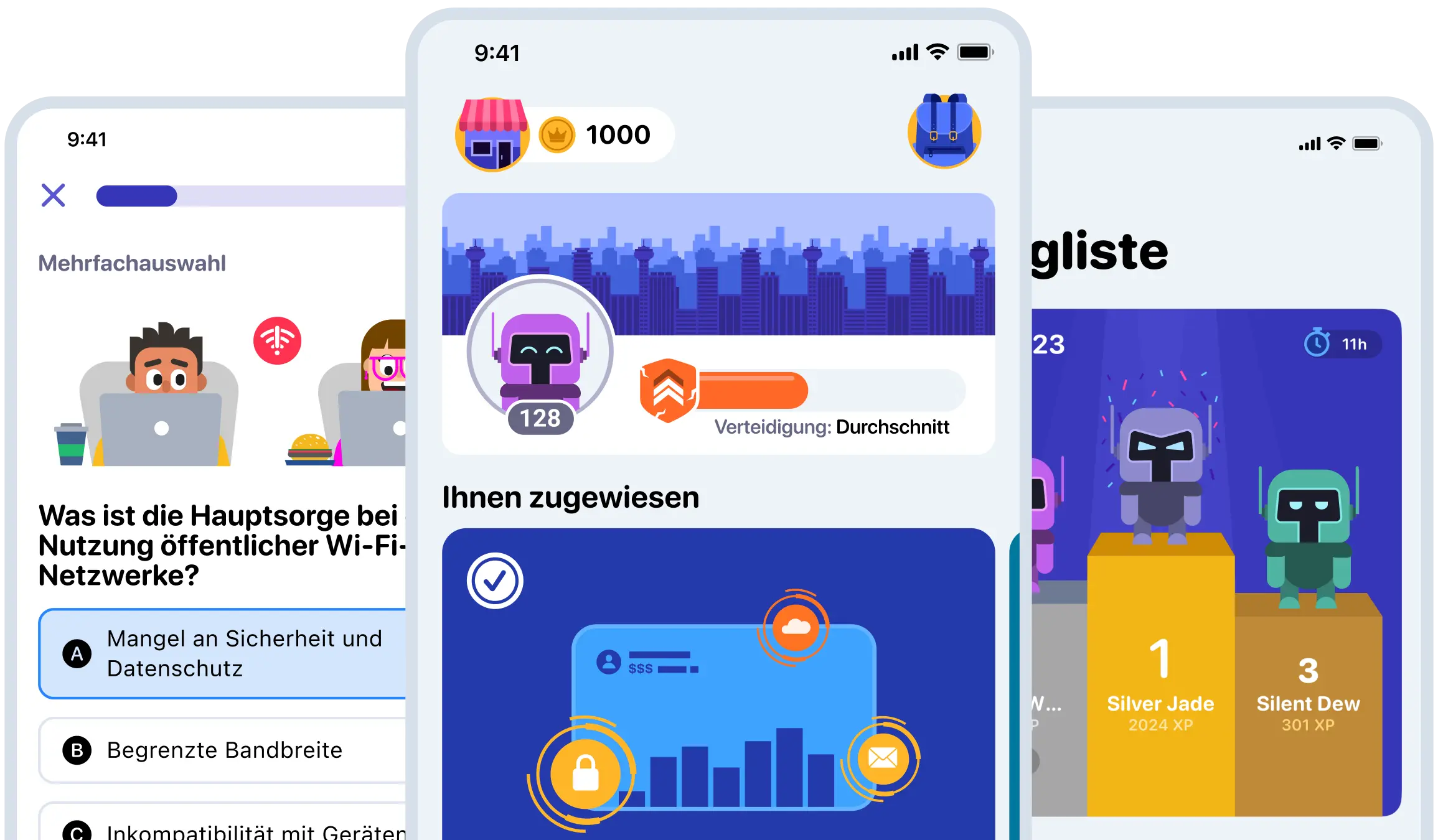 Eine Sammlung von Screenshots der Prventi-Mobile-Apps, die ansprechende Schulungsinhalte zur Sicherheitsaufklärung zeigen.