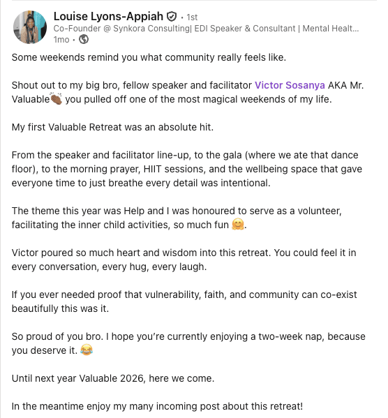 Screenshot of attendee comments on The Valuable Retreat programme.