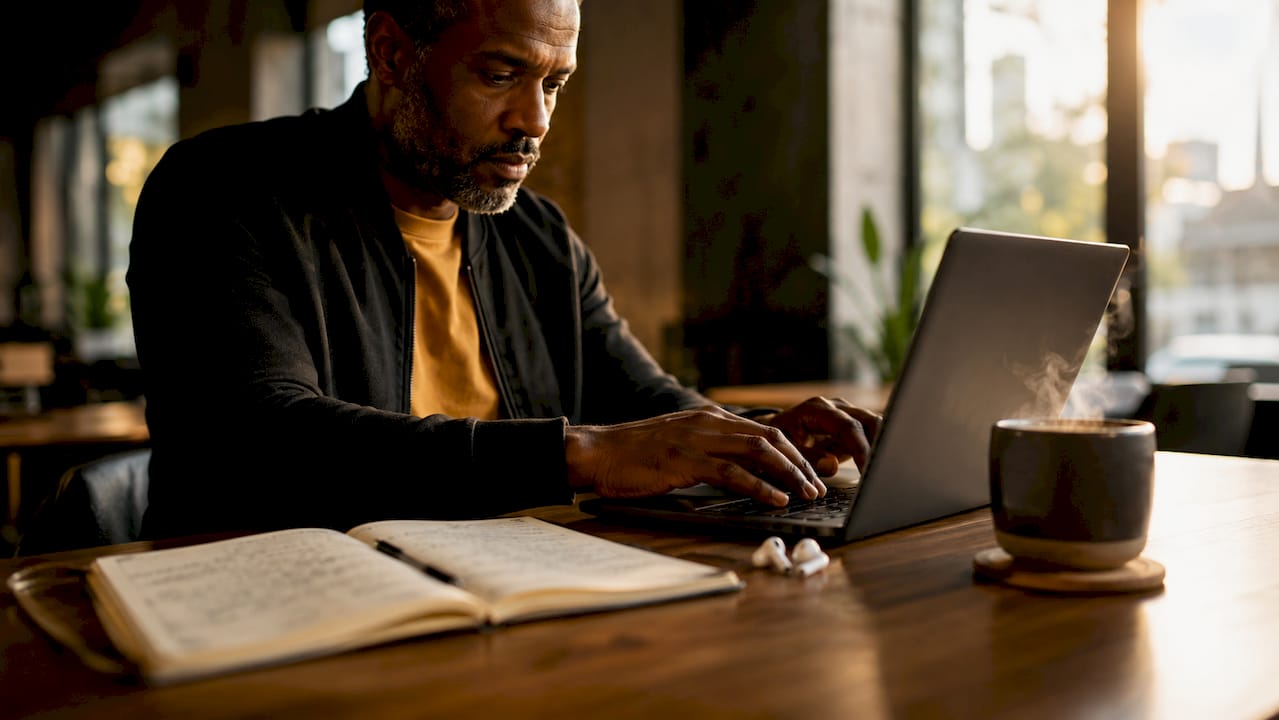 Hands typing on laptop in home office