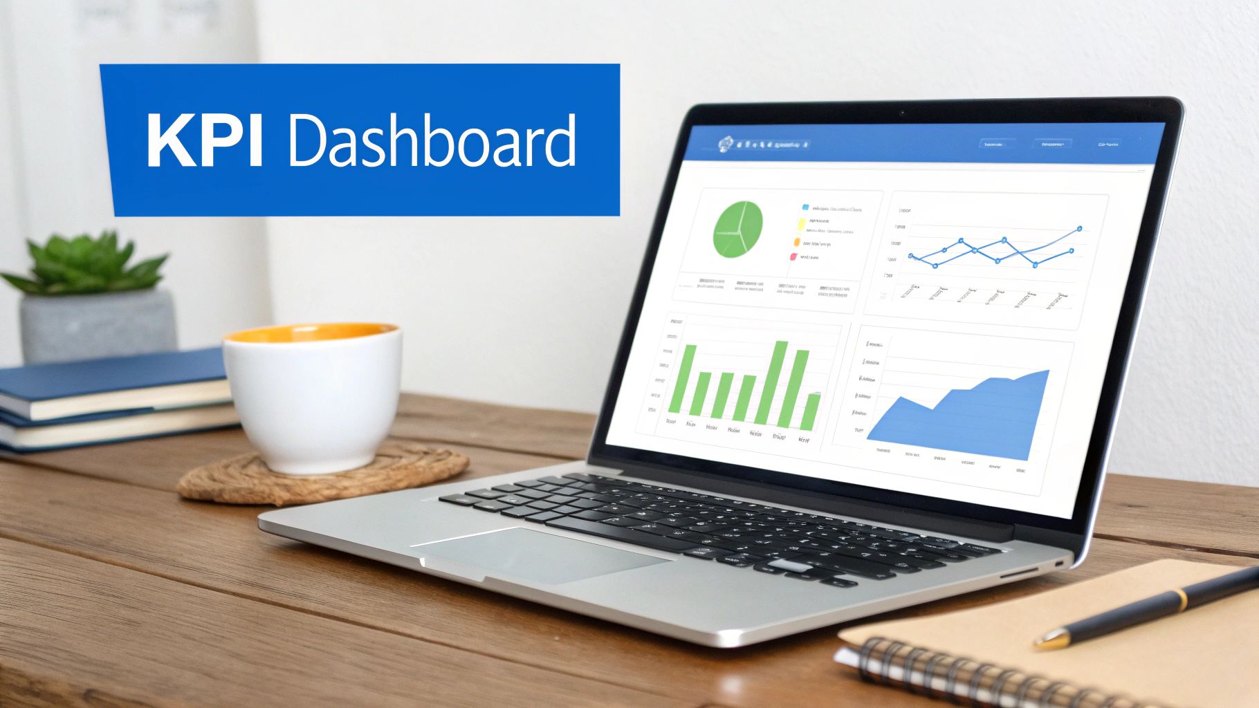 Laptop screen showing a KPI dashboard with data visualization charts, a coffee cup, and books.